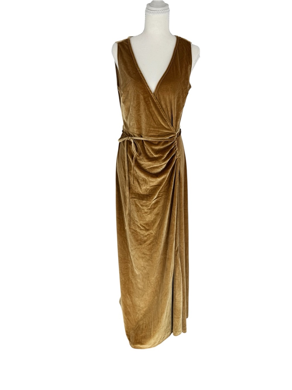 Baltic Born Large Gold Velvet Wrap Maxi Dress Ruched Side Tie Sleeveless Formal